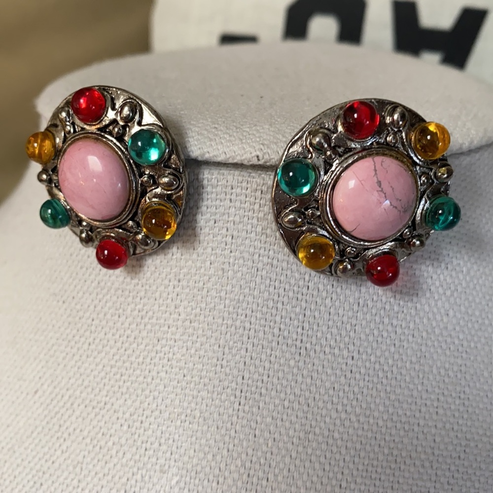Silvertone statement multi colored Cabochon earrings - Picture 4 of 5